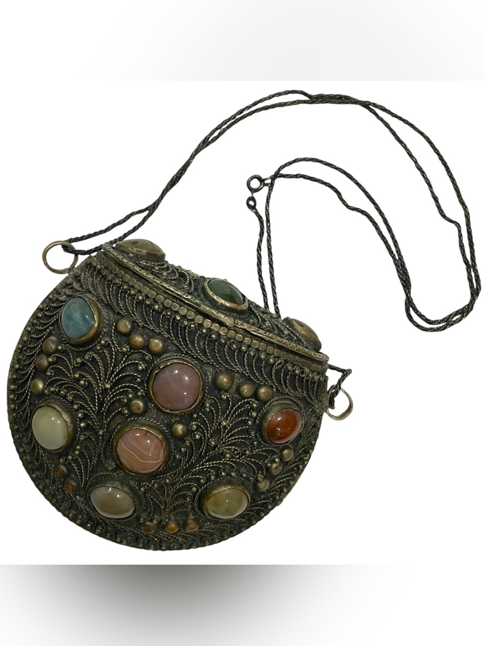 Vintage 1960s Sajai Filigree Metal Purse/Bag Multicolored Real Gemstones